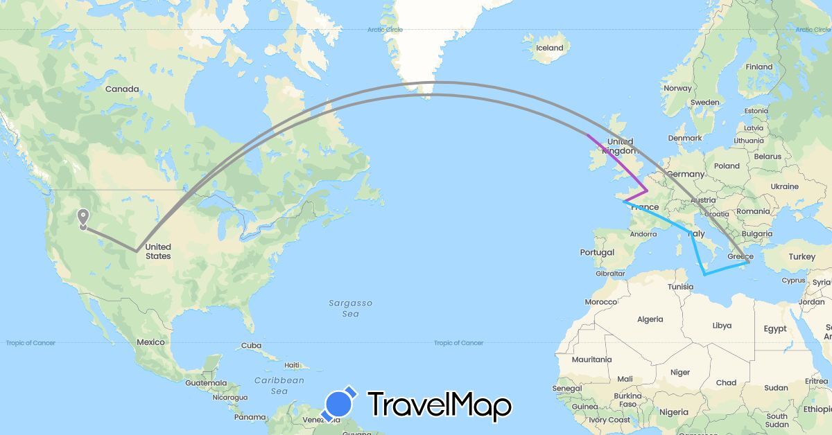 TravelMap itinerary: driving, plane, train, boat in Germany, France, United Kingdom, Greece, Italy, Malta, United States (Europe, North America)
